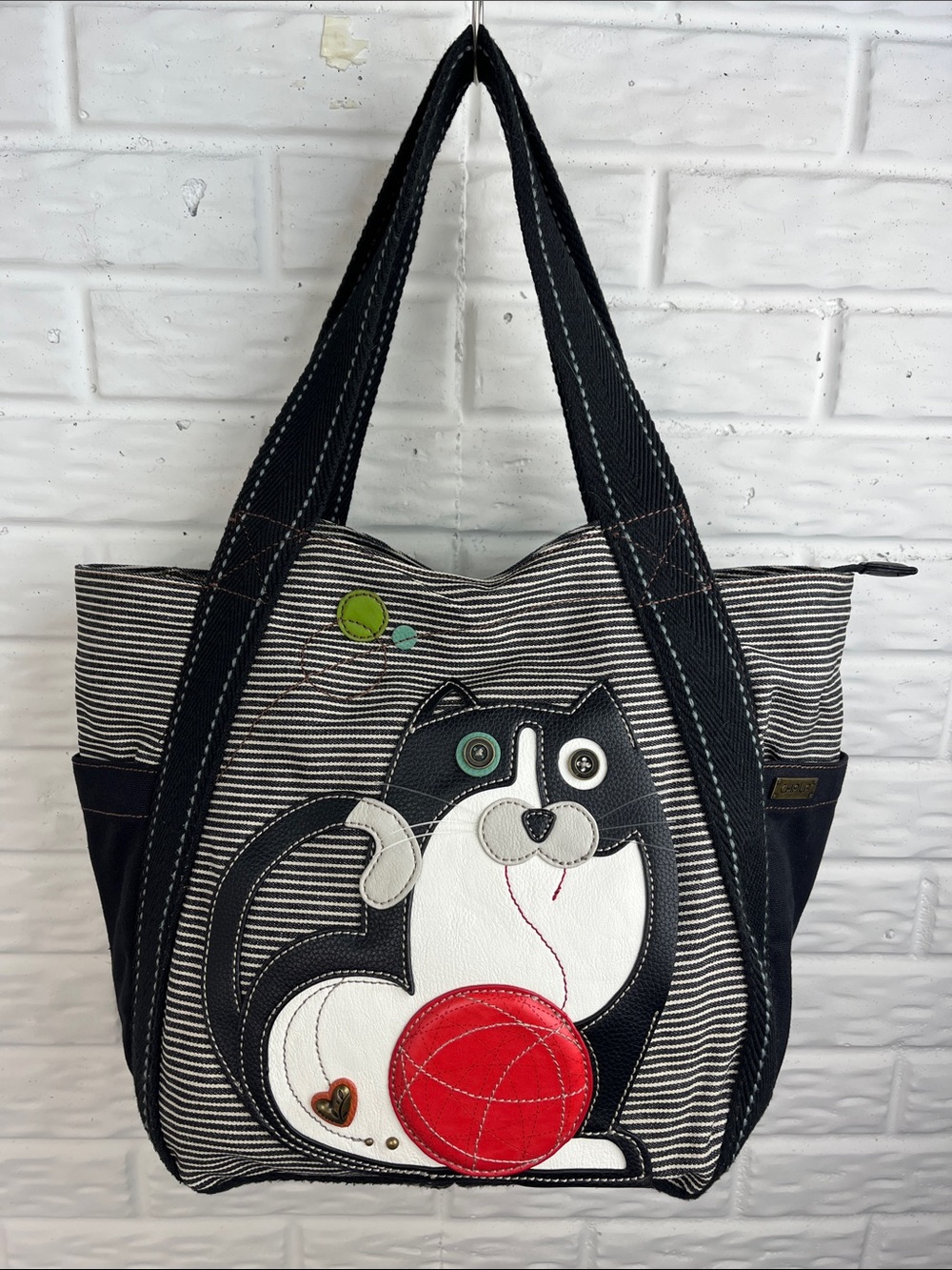 CHALA TOTE BLACK AND WHITE CAT ON 100% COTTON THICK CANVAS STRIPE ZIP TOP BAG